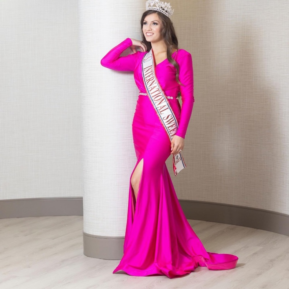 Bright pink evening gown long sleeves